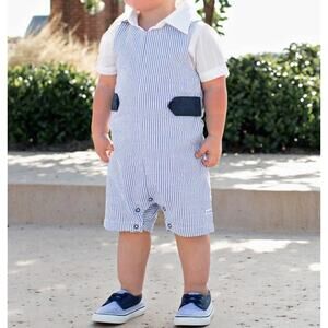Ruffle Butts Blue Seersucker Jon Jon & White Dobby sleeve shirt 2pc Set 12-18 Mo